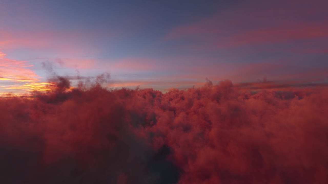 летающий над кинематографическим закатом красные облака движение фоновой петли