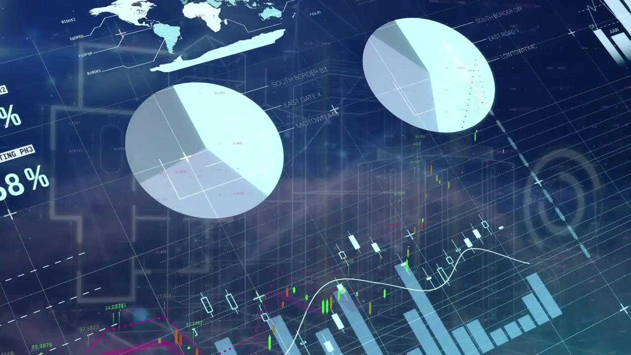 Animation visar ett globalt nätverk över en 3D-stad med statistik som rör sig på en grön skärm