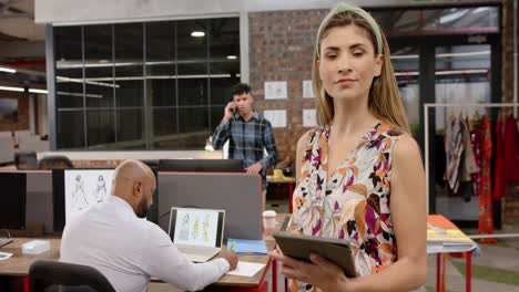 retrato de una feliz mujer de negocios creativa biracial usando una tableta en una oficina ocupada y casual, en cámara lenta