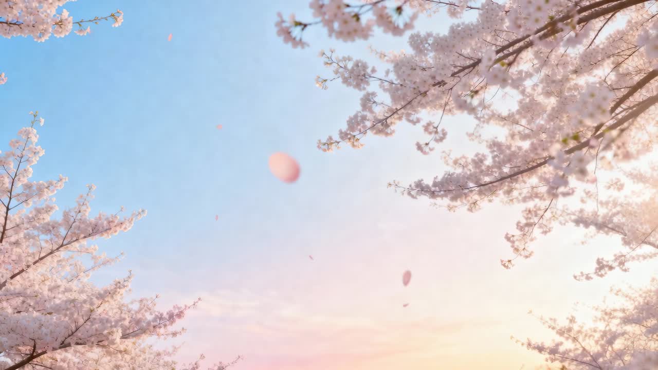 Stirring breeze lifting drifting cherry petals and blossoms in park sunrise, backlit branches