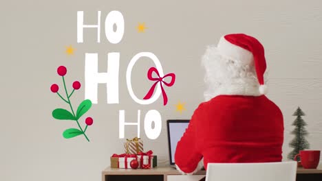 animation of christmas greetings text over christmas decorations and santa claus