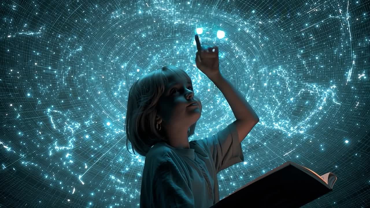 Ребенок тянется к звездам, читая книгу ночью