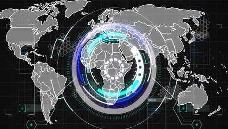 Animation-of-world-map-over-scope-scanning-and-data-processing-on-black-background