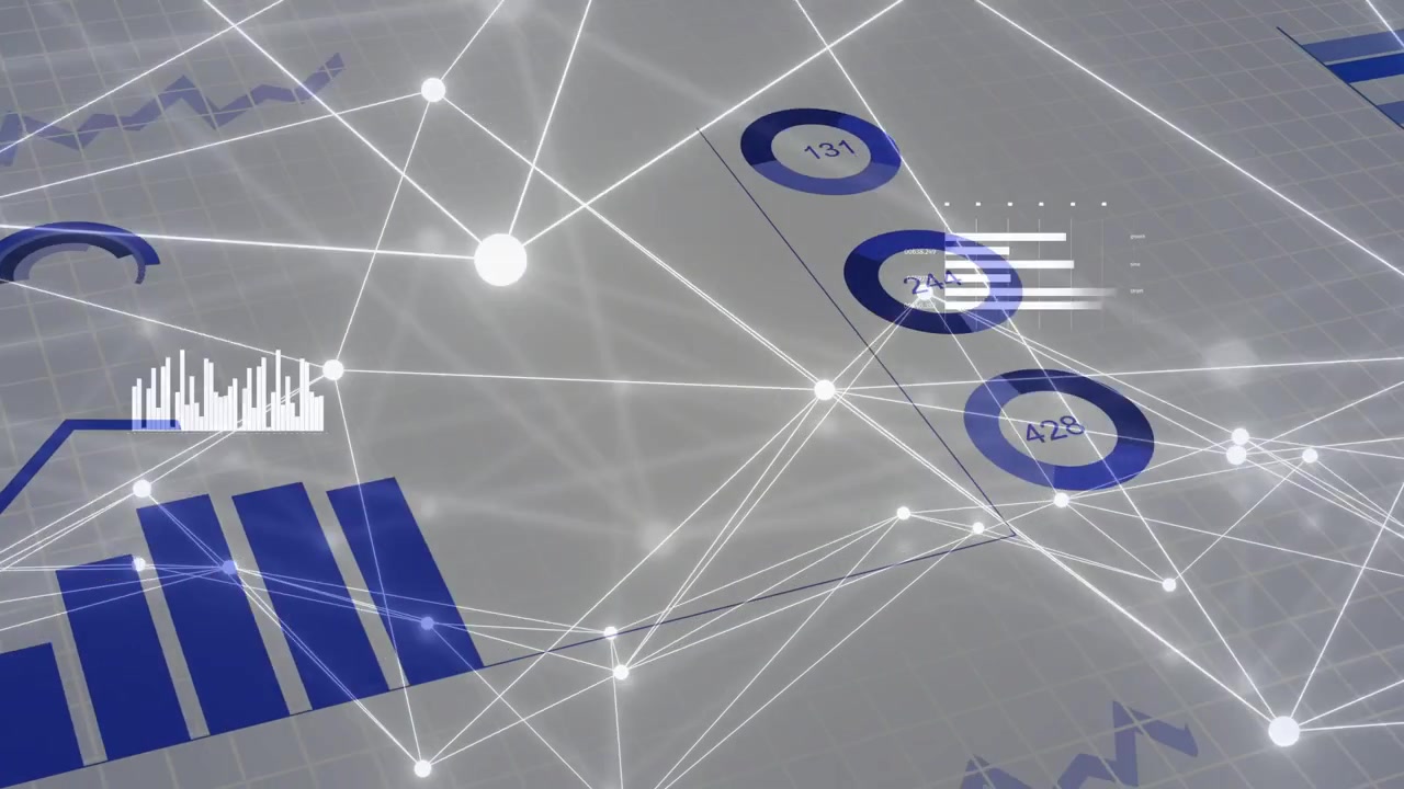 Slow camera pan starting blue fragments forming charts over pulsing mesh visualizing data