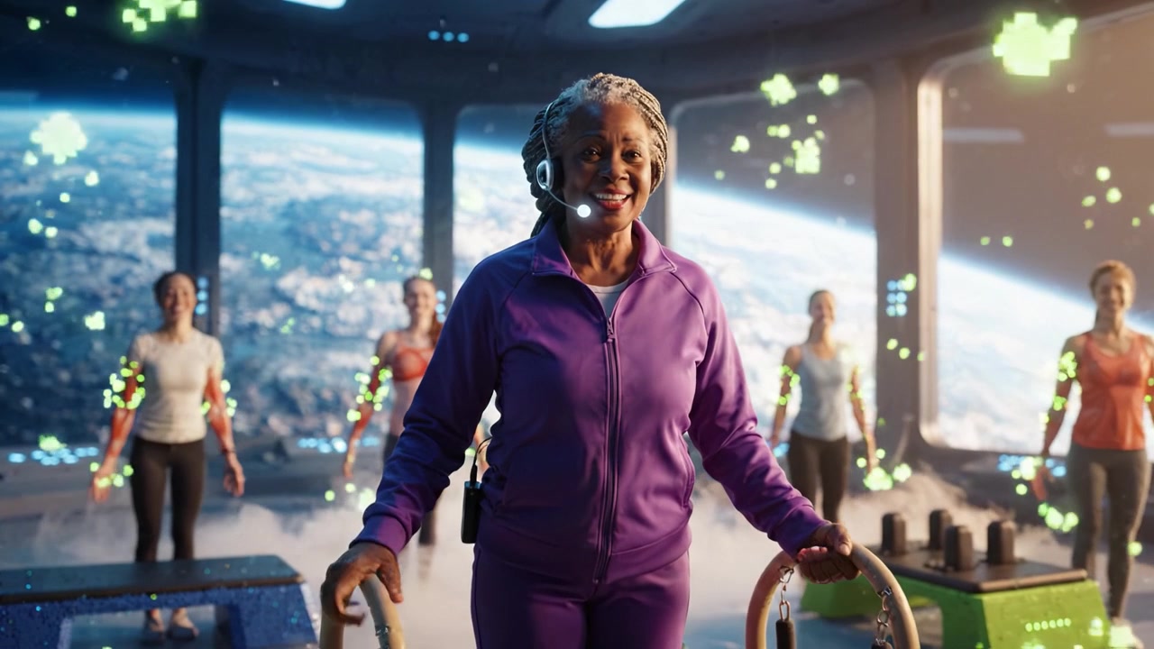 An Enthusiastic Fitness Instructor Leads a Group Workout in a Futuristic Space Environment Surrounded by Earth, Inspiring Wellness and Activity for All Ages