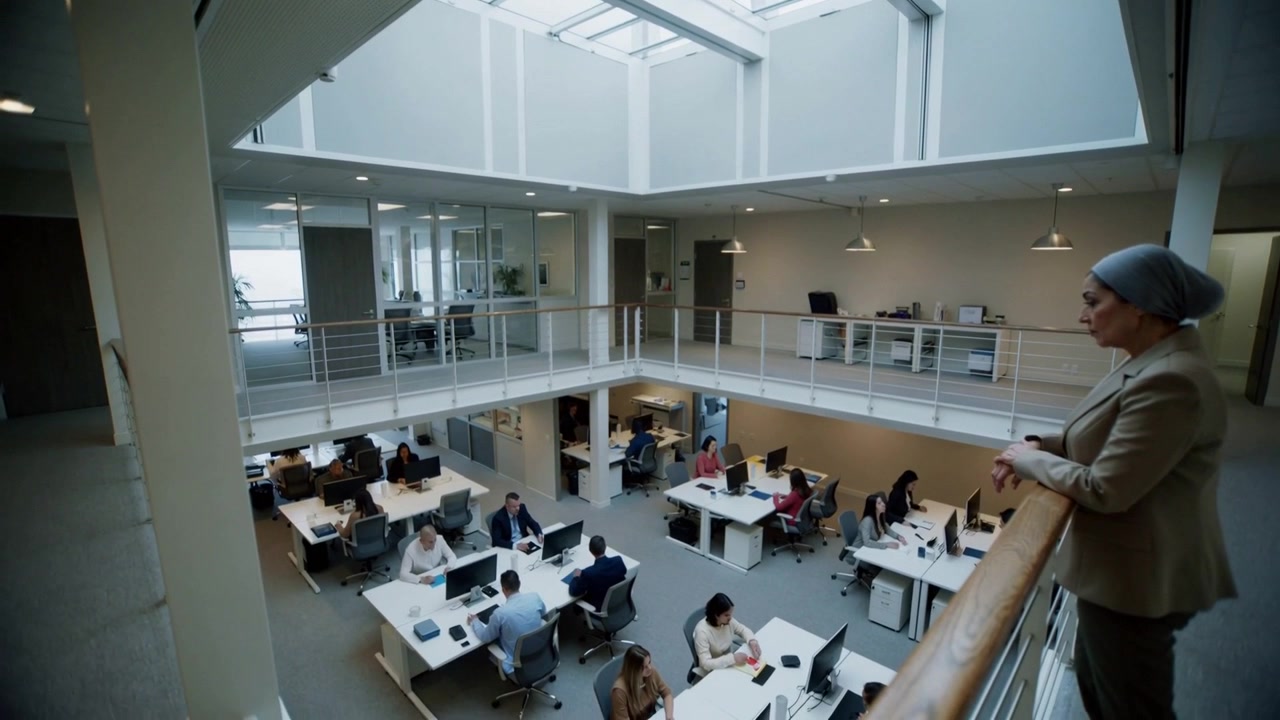 Leaning woman in gray beanie and blazer scanning open plan office from mezzanine rail, copy space