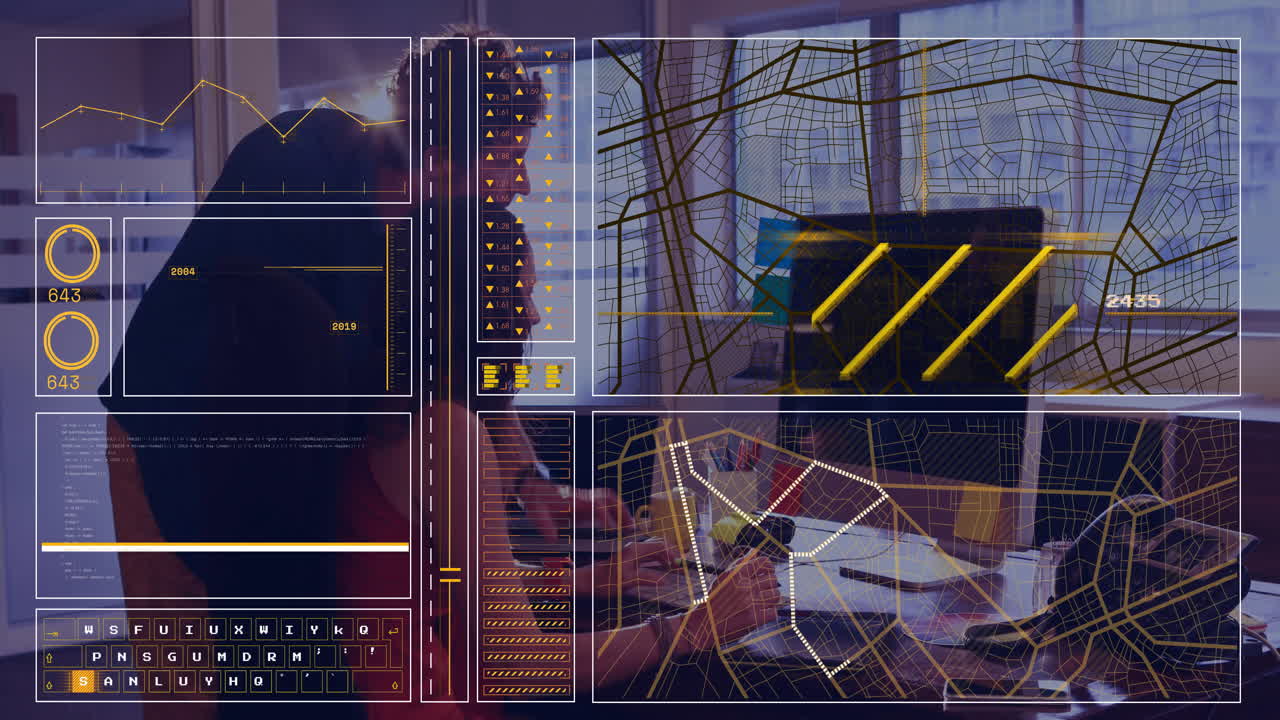 Colleagues collaborating on laptops, displaying technology HUD with line graphs and numeric panels