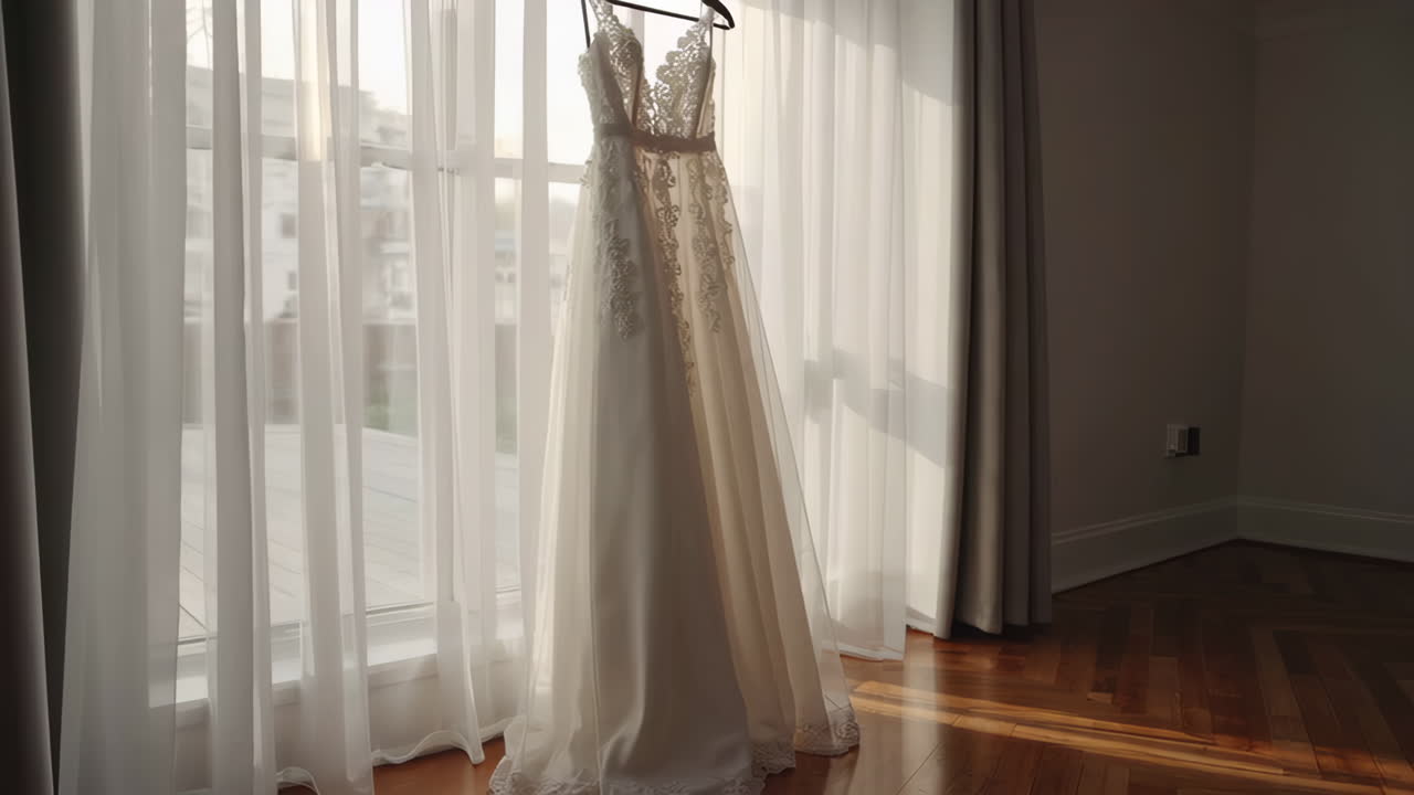 Beautiful Wedding Dress Hanging by the Window