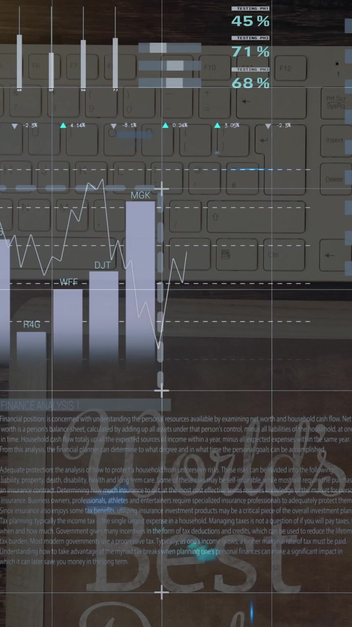 Animation of financial data processing over keyboard, tablet and banknotes on desk