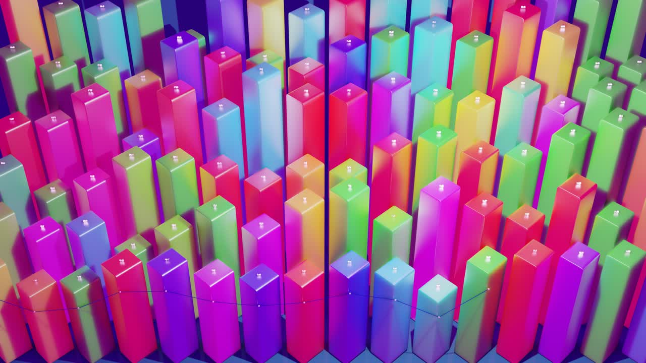 barras multicolores, contadores y gráficos. hermoso fondo en bucle 3d para programas analíticos con infografías abstractas, datos estadísticos. columnas 3d se mueven suavemente arriba y abajo en bucle. bg financiero