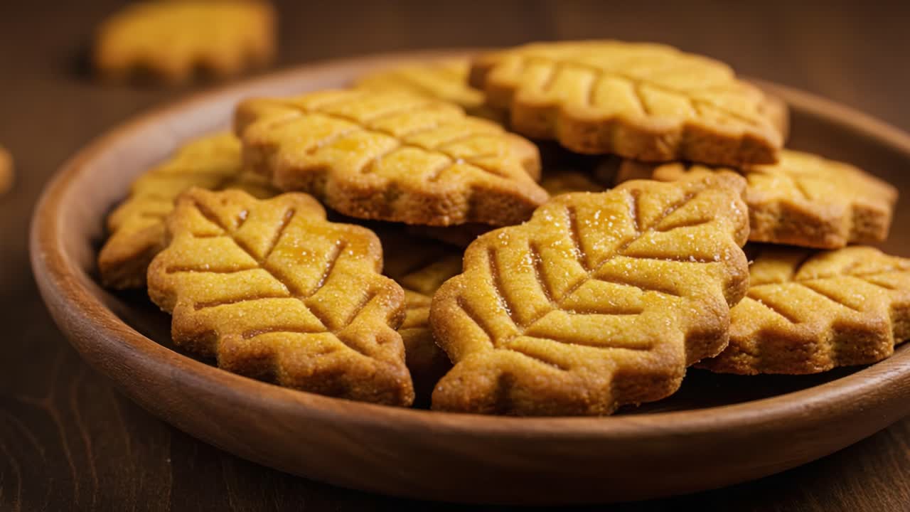 Delicious Leaf-Shaped Cookies on a Wooden Plate