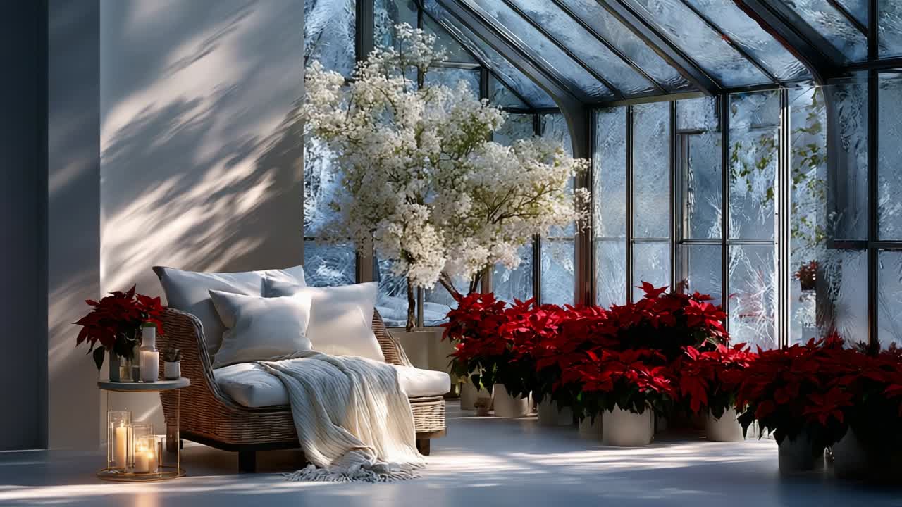 A Serene Indoor Greenhouse Oasis Featuring a Cozy Seating Area Adorned with Lush Poinsettias and Beautiful Blossoming Trees, Enhanced by Soft Natural Light Filtering Through the Glass