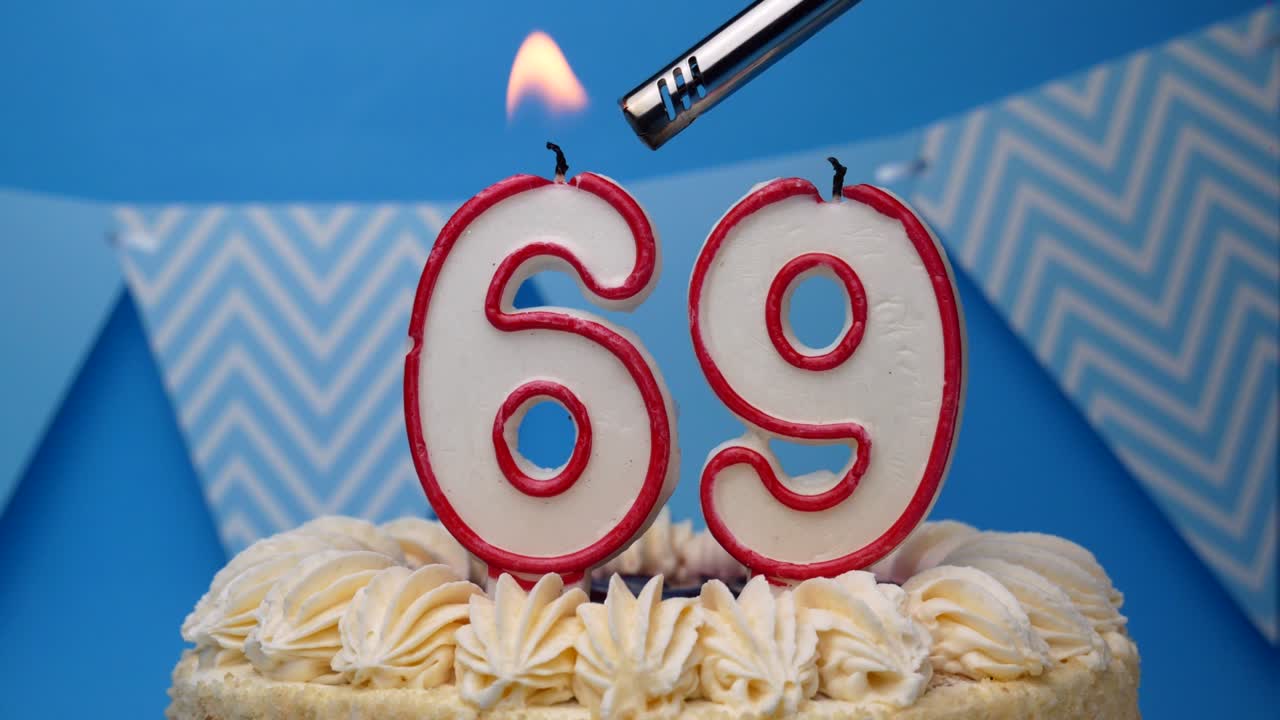 Happy birthday. 69 year old, cupcake, birthday cake with candles on a blue background.close-up