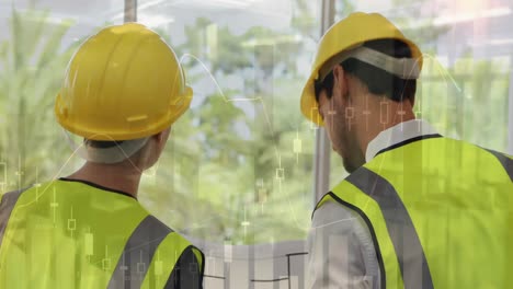 animation of statistics processing over male and female architect holding plans at construction site