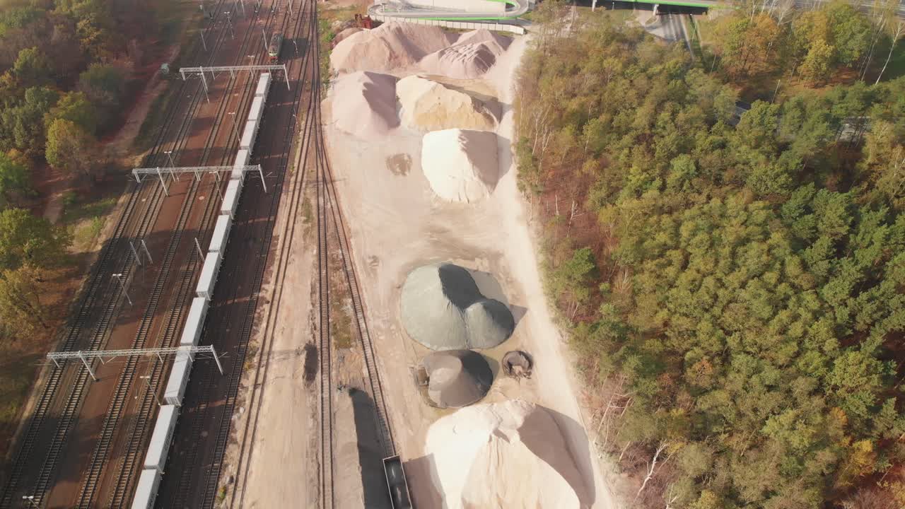 Aerial wide view of a big sand and gravel rail terminal