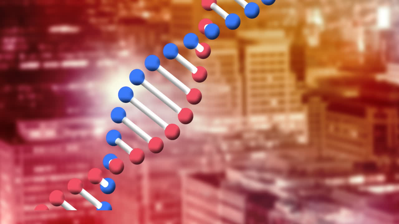 dna 가닥의 애니메이션이 초점 밖으로 회전하는 도시 풍경