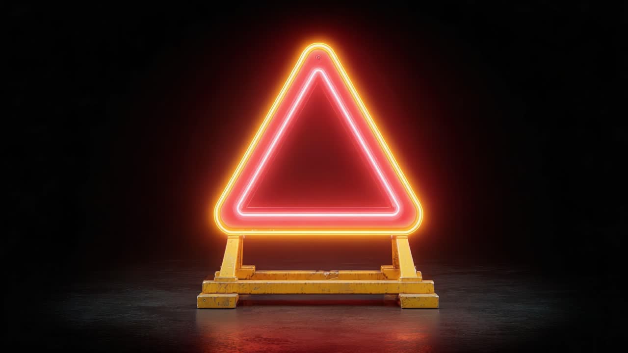 A Glowing Warning Triangle: Illuminated Neon Sign Against a Dark Background, Signifying Caution and Alertness While Creating a Striking Visual Contrast