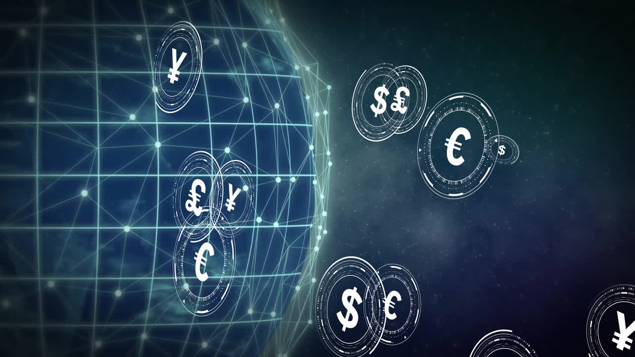 Animation of globe of connections with currency symbols over spots on black background