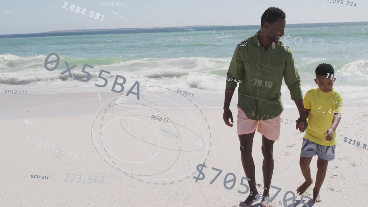 Father and son holding hands walking shore, finance overlays appearing, footprints forming, bonding