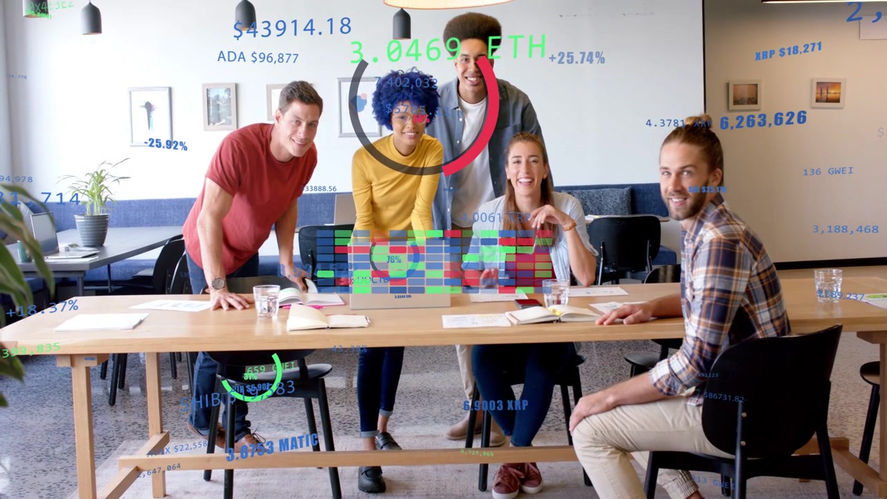 Team leaning, woman pointing at laptop sparking data overlay, shaping business pitch then posing