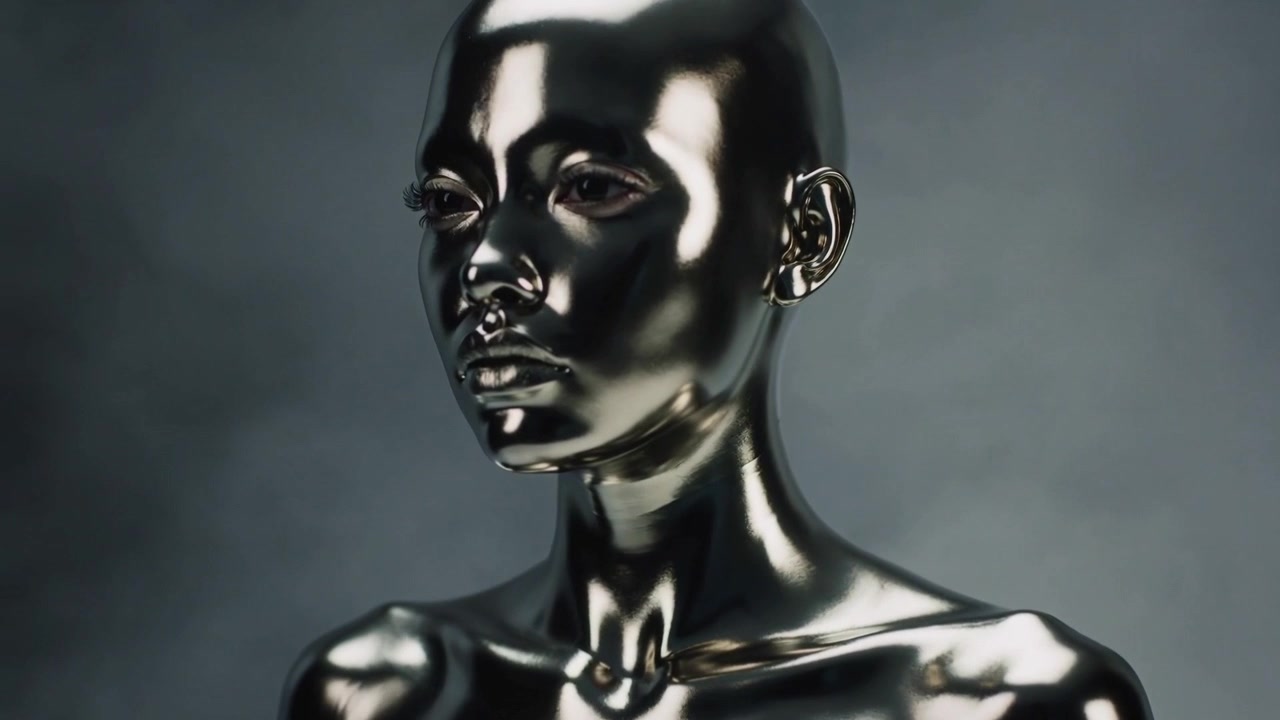 Rotating glossy bust turning while camera closing in studio, showing facial detail with highlights