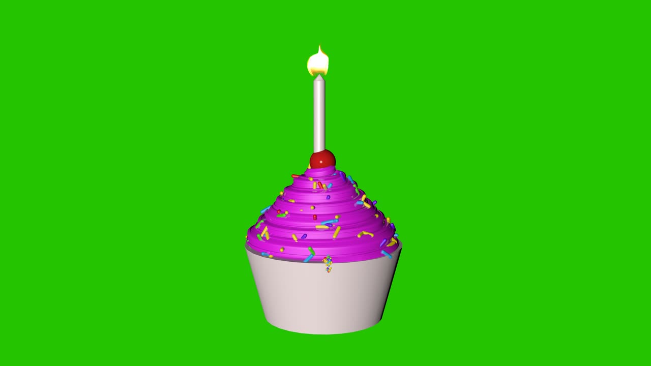 Cupcake with colored confetti and cherries, on a pink background with place for text. close-up. 3D animation of candles.