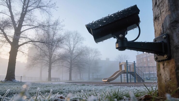 Tilting surveillance camera on wooden post at park as sunlight rising showing slide frost
