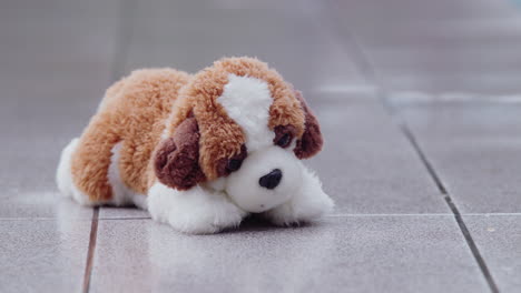 plush puppy gets wet in the rain in the backyard of the house