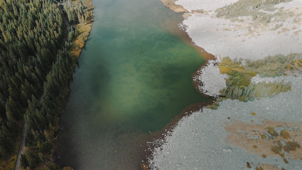 Top-down drone shot 4k, alpine trees and lake, autumn, Colorado