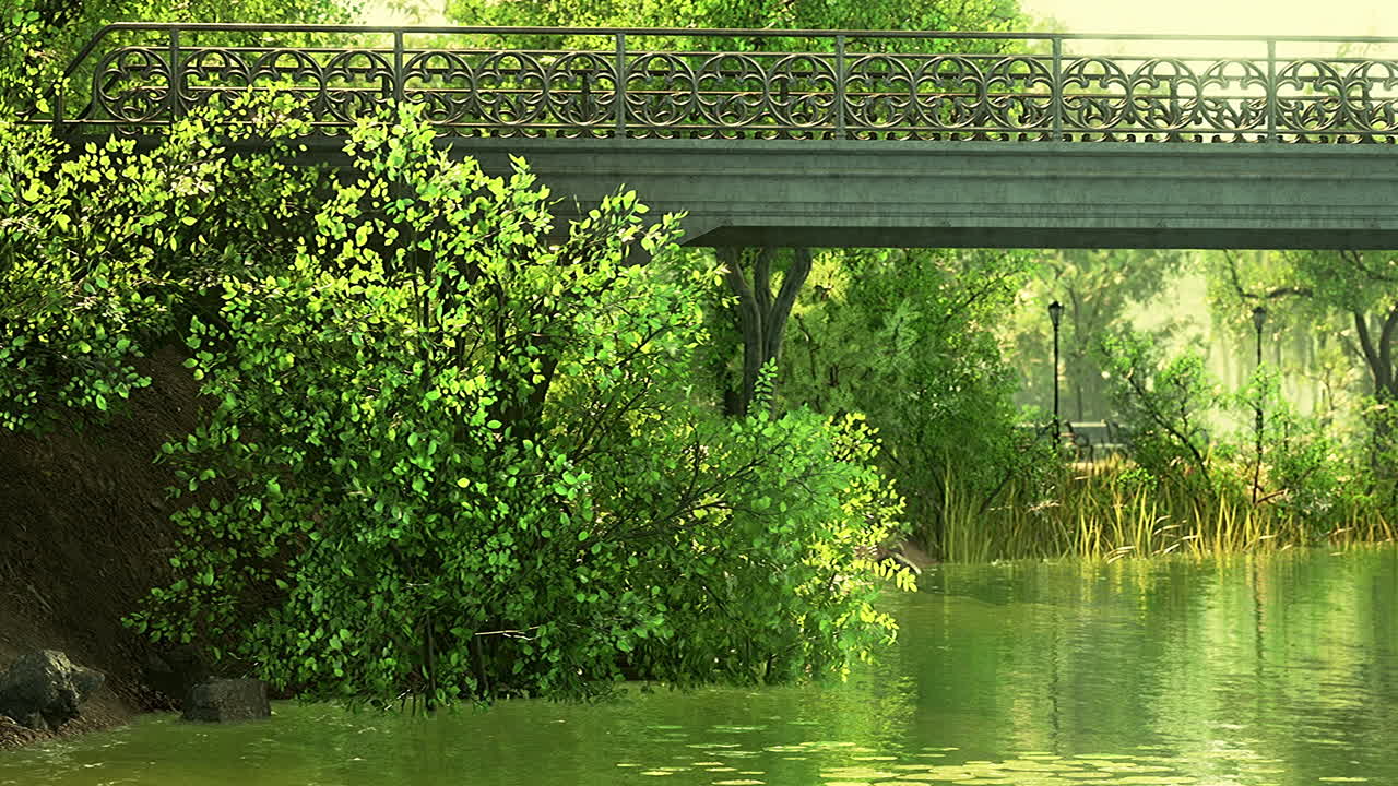 여름 녹색 숲 연못 풍경