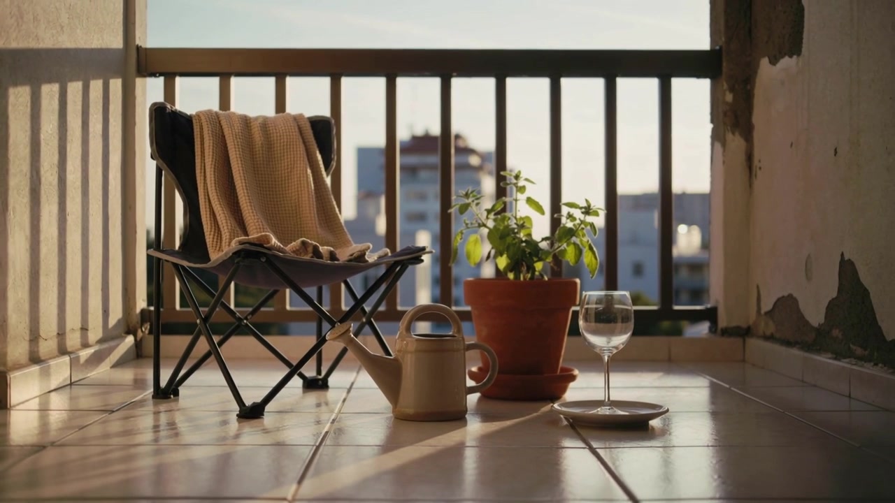 La luce del sole si sposta sul balcone con sedia, pianta, lattina e bicchiere, un bagliore del tardo pomeriggio.