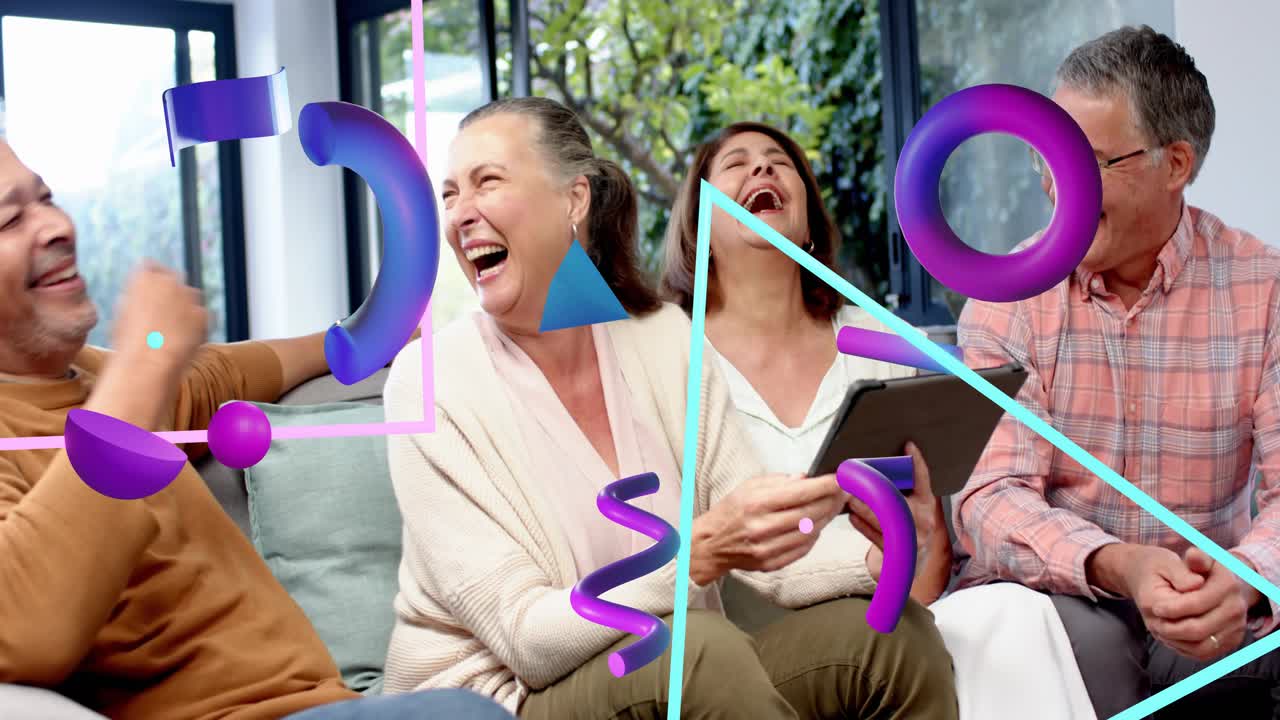 Woman center-left tapping tablet passing it, purple 3D shapes overlaying group sharing content tech