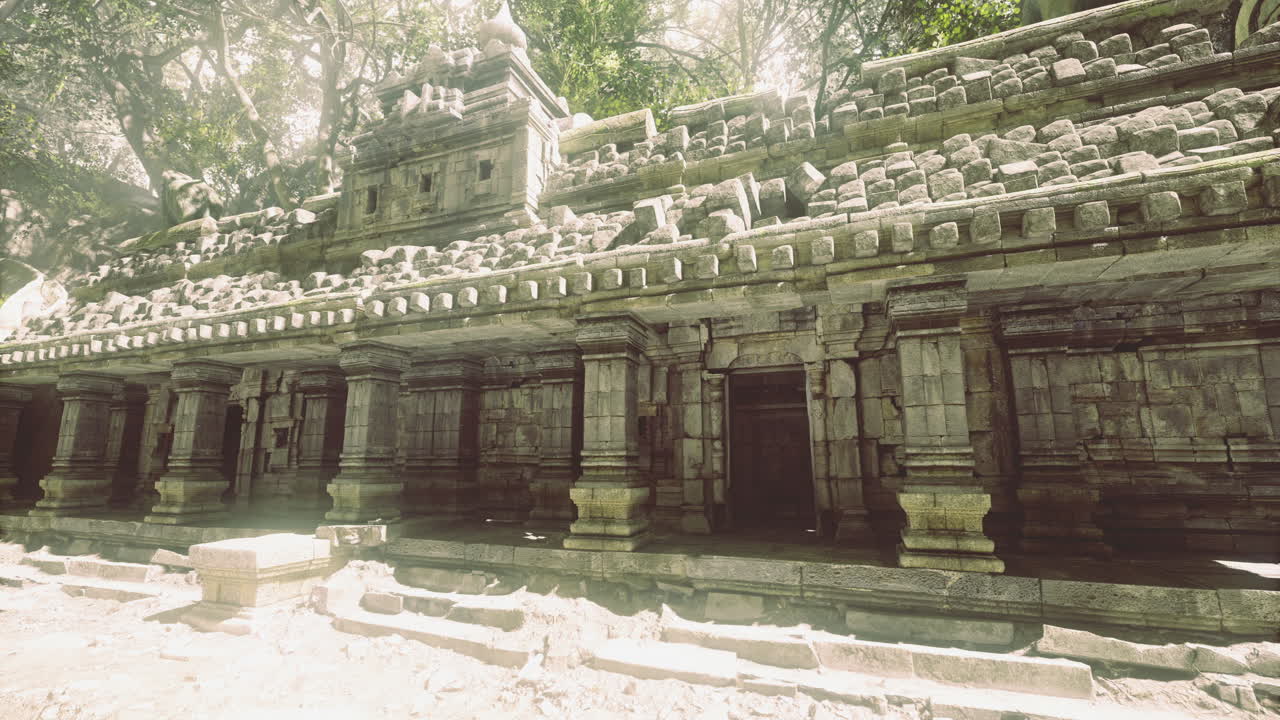 Ancient temple ruins surrounded by lush greenery in a serene environment