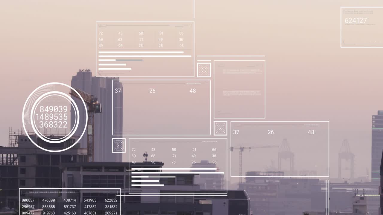 HUD panels spawning over skyline, filling data bars, grouping near tower to track construction