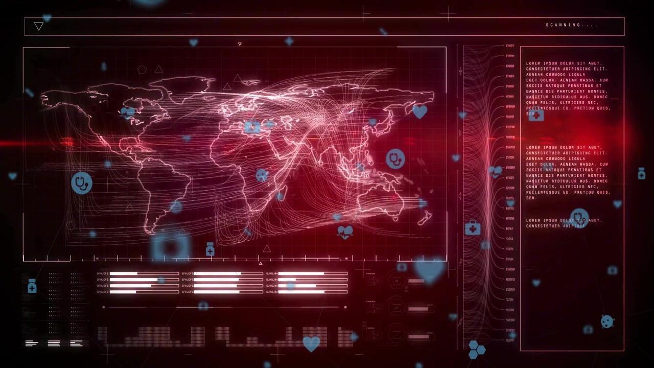 Digital interface showing 3D world map with streaming data lines and pulsing floating medical icons