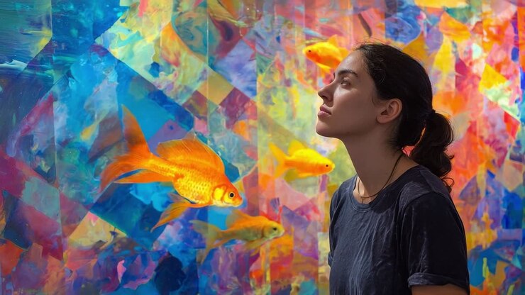 Young woman admires colorful art display with goldfish in vibrant setting
