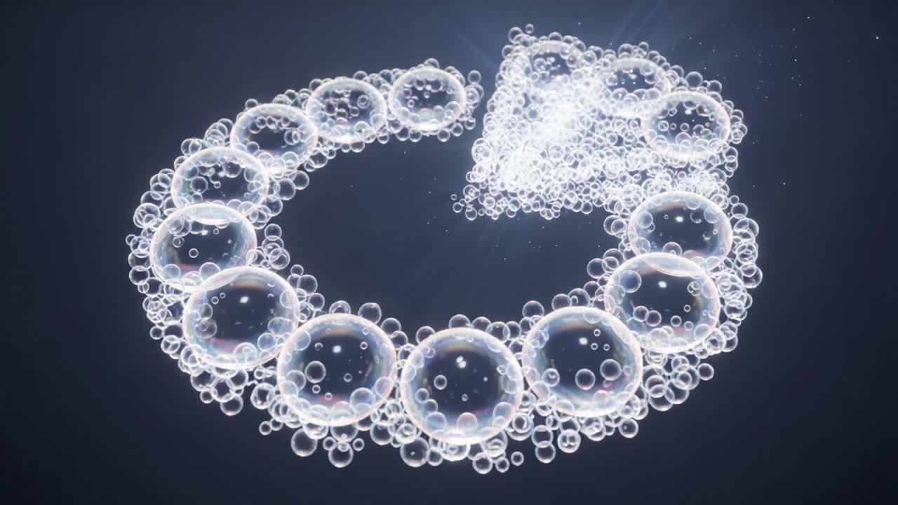 Dynamic Visualization of Bubble Patterns: A Circular Formation Evolving from Small to Large Bubbles Set Against a Dark Background, Capturing the Essence of Fluid Motion and Light Reflection