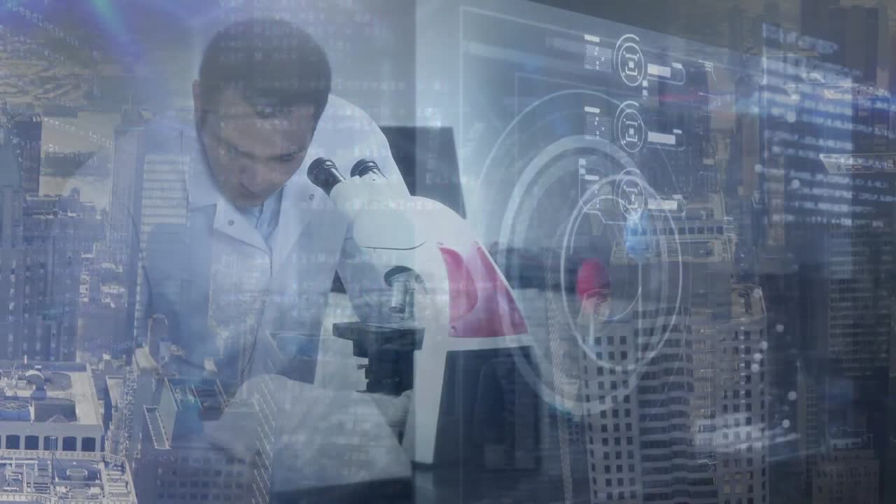 Animation of medical data processing and scope scanning over male scientist using microscope