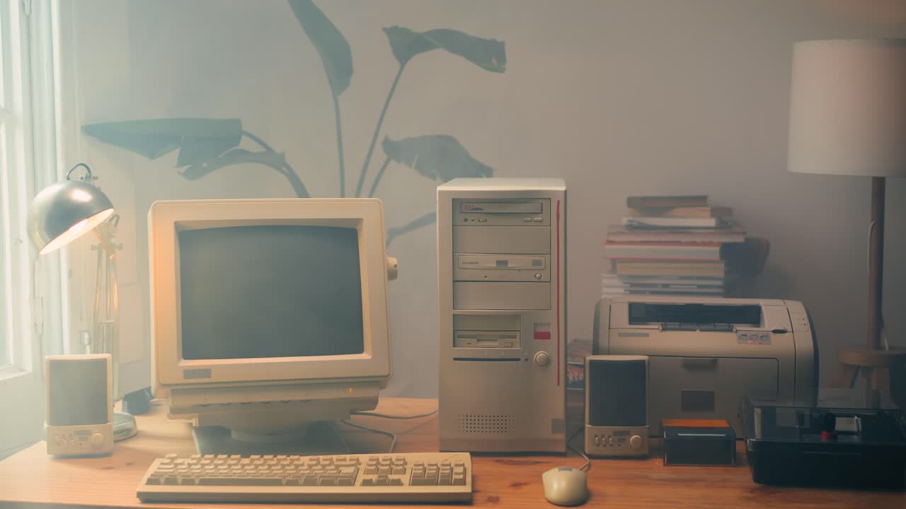 Retro pc computer gaming, Desktop vintage with loading code console, programmer making scripts, green basic screen, Old computer studio close-up, retro wave display, late 90s PC.