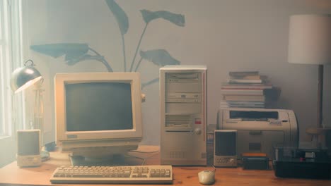 retro pc computer gaming, desktop vintage with loading code console, programmer making scripts, green basic screen, old computer studio close-up, retro wave display, late 90s pc.