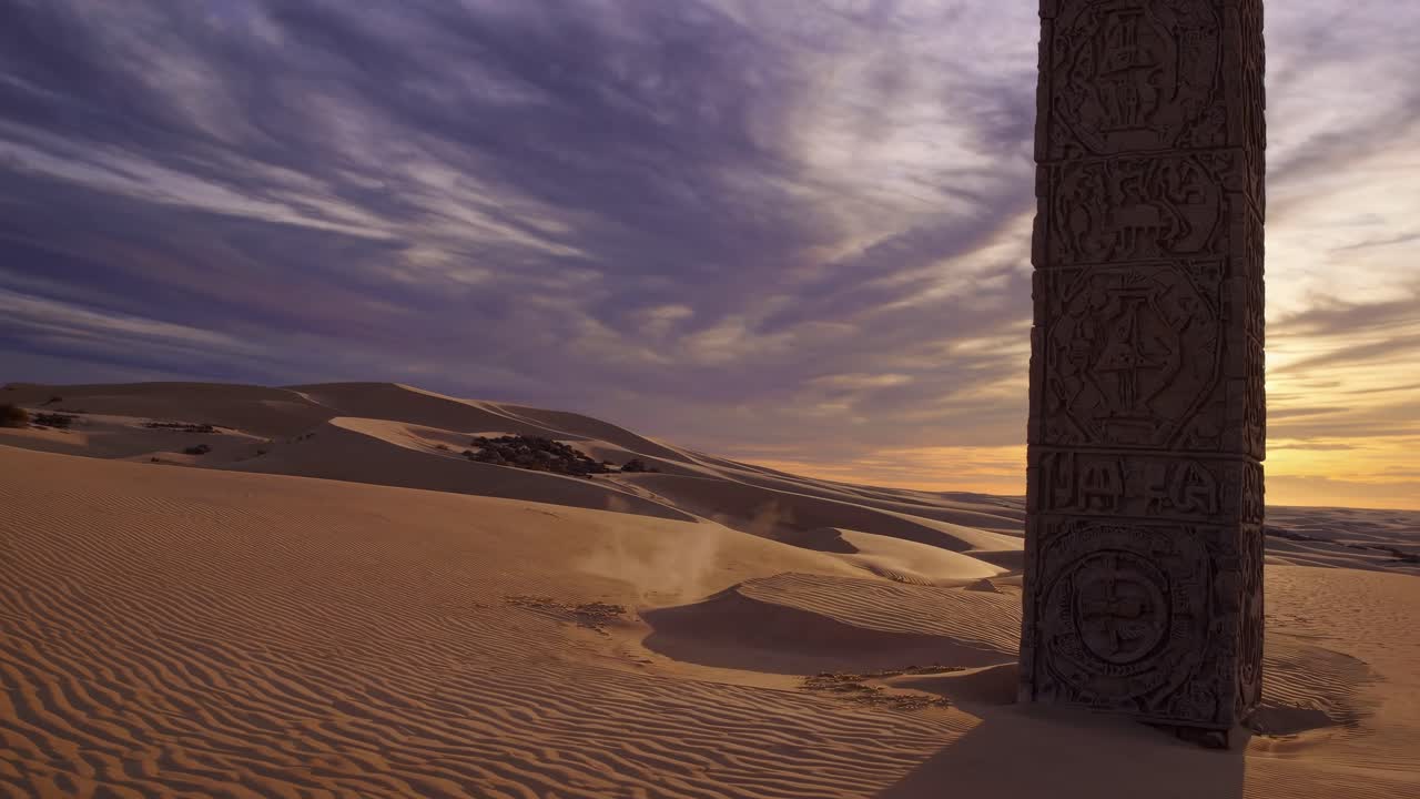 Wide-angle shot of a desert landscape at sunset, featuring an ancient stone pillar