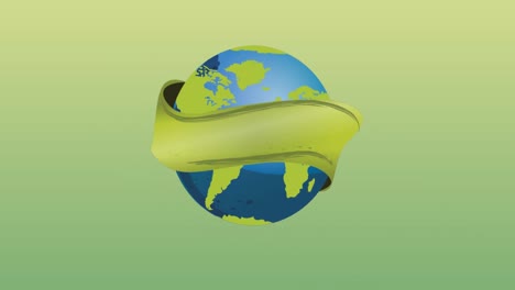 animatoin of globe with green ribbon on green background