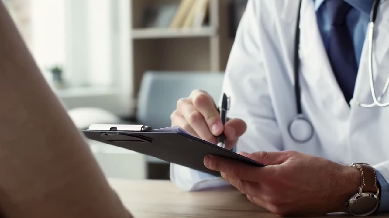Vídeo em close-up de um médico escrevendo em uma prancheta, filmado de um ângulo lateral em um escritório bem iluminado