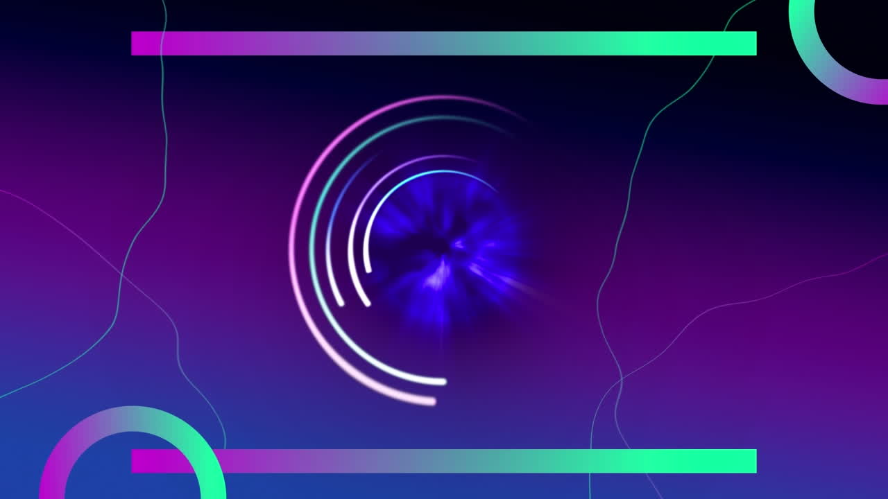 Animation de cercles néon sur un espace violet avec des lignes.
