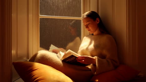 woman reading a book by the window on a rainy day