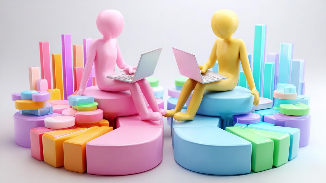 Two stylized figures engage with laptops atop colorful pie charts, representing data analysis and digital communication amidst vibrant graphical elements