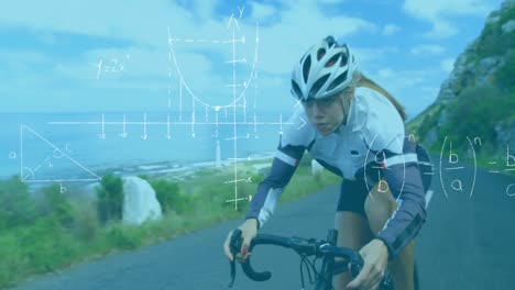 mathematical equations and diagrams against woman cycling on the road