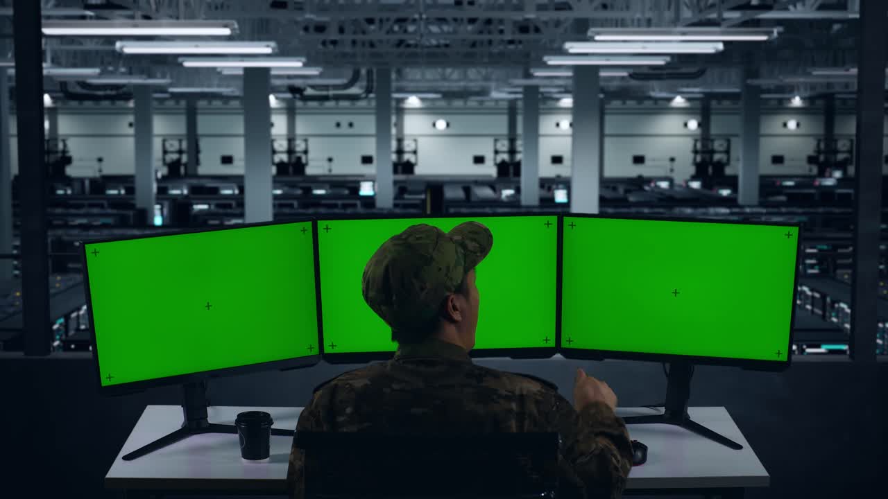 Back View Of Tired Asian Military Yawning Before Sleeping While Working With Mock Up Multiple Computer Monitor In Data Center