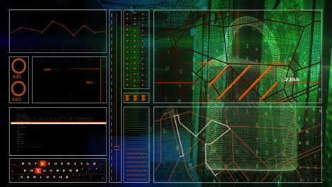 Animation-of-graph,-loading-circles,-computer-language,-letters,-numbers,-symbols-over-server-room