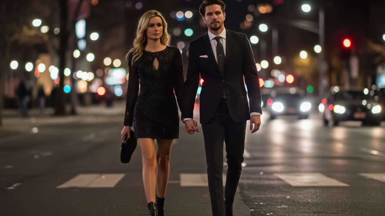 A Glamorous Evening Stroll: Stylish Couple in Formal Attire Wandering Through a Vibrant City Street at Night, Illuminated by Gorgeous City Lights and Dazzling Atmosphere